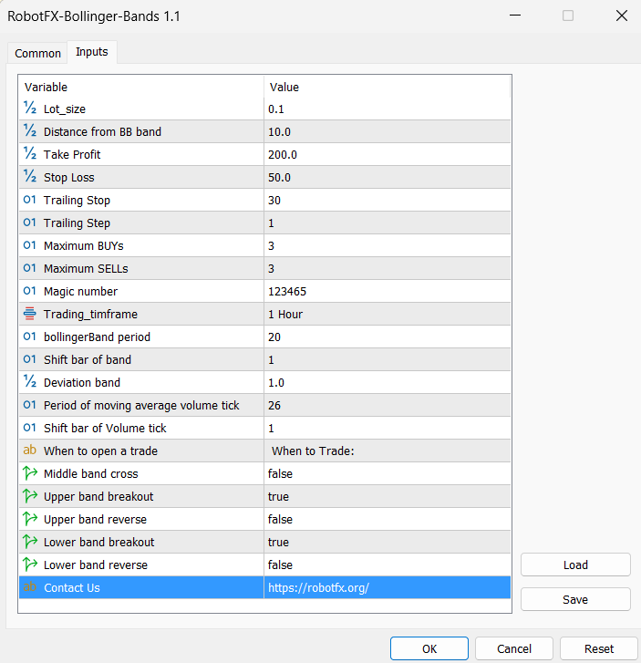 Bollinger Bands Expert Advisor MT5 settings window showing MetaTrader 5 automated trading parameters