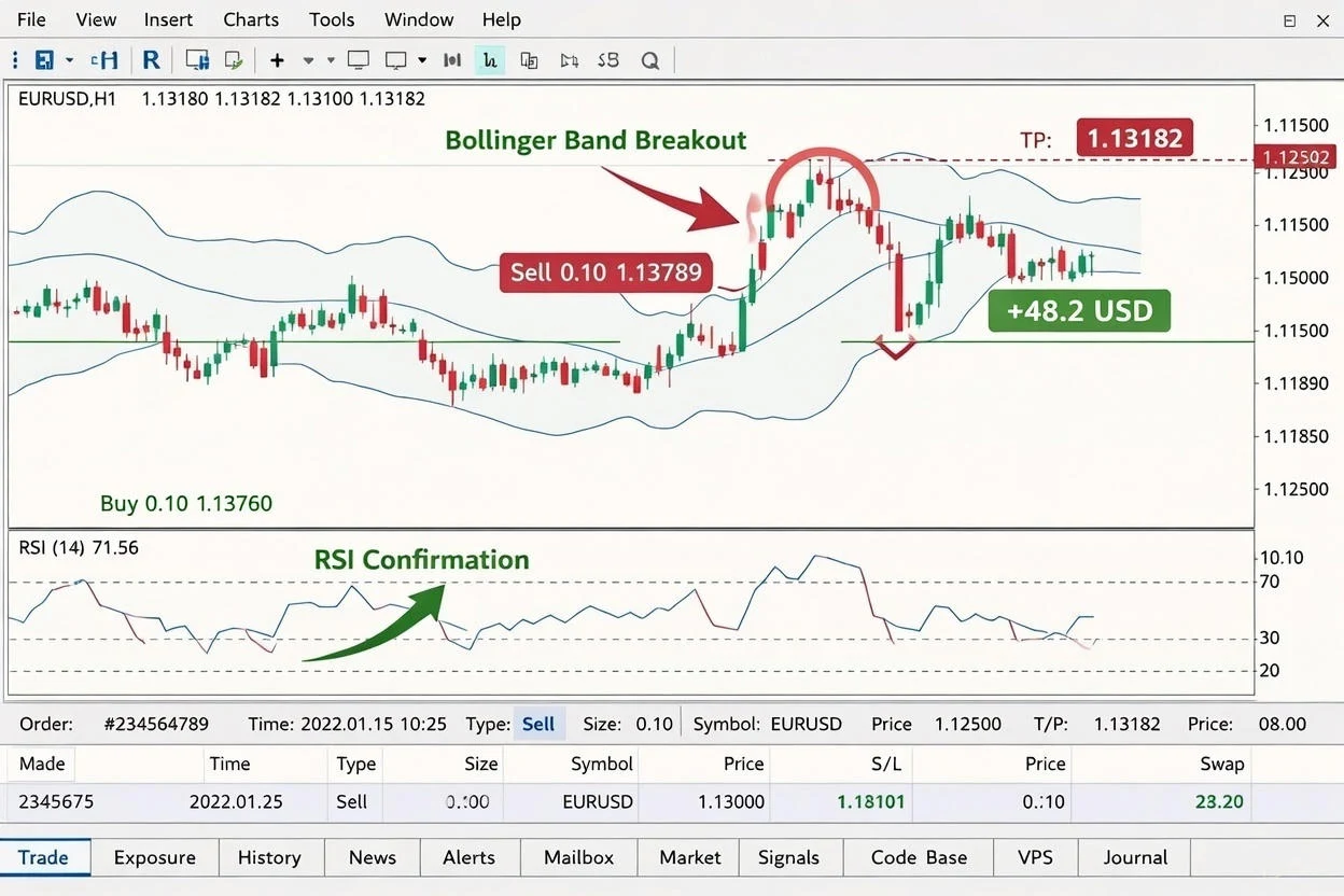 MetaTrader 5 trading chart showing a profitable sell trade generated using Bollinger Bands and RSI trading strategy