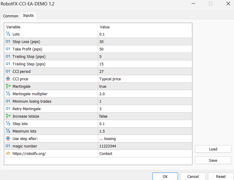 CCI Expert Advisor MT5 settings window showing money management and automated trading configuration options