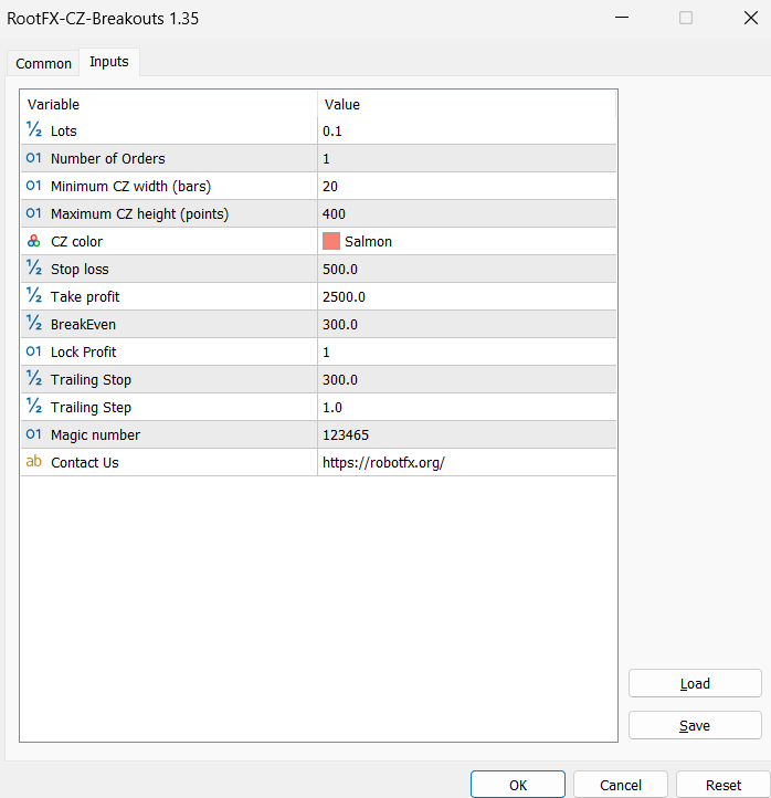 Consolidation Zone Expert Advisor MT5 settings window showing breakout trading parameters and risk management options