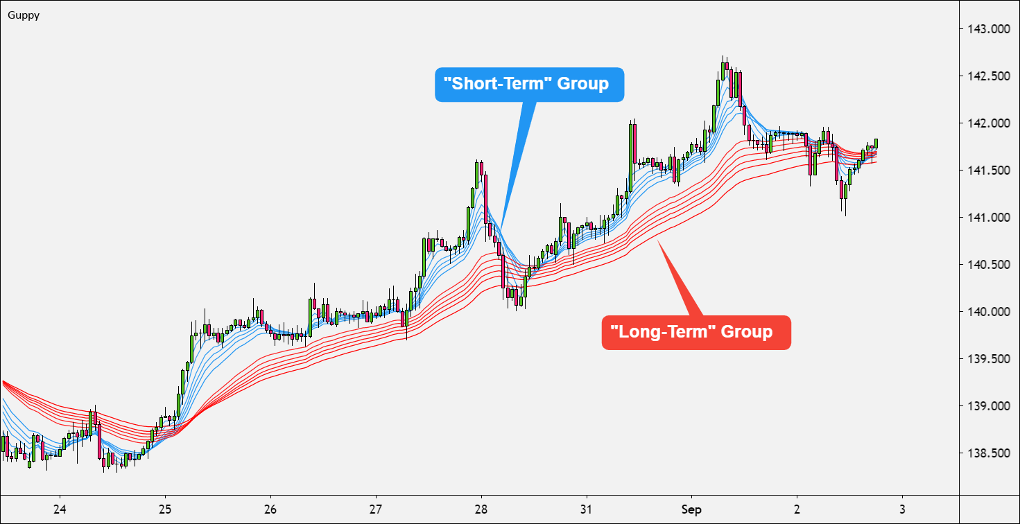 Guppy indicator shows how traders and investors act based on two sets of averages and finds consensus and conflict in trend behavior