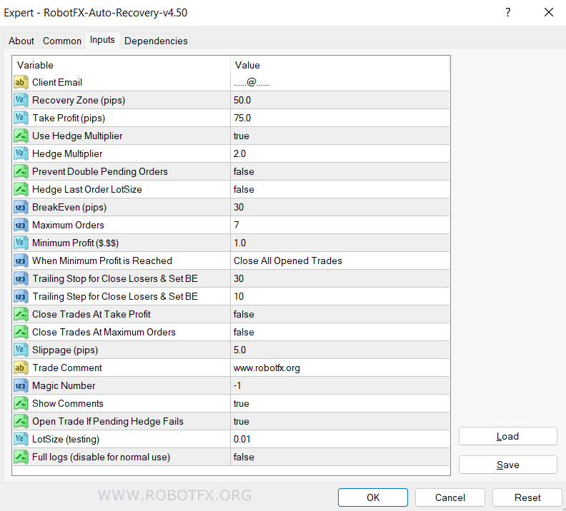 Auto Recovery Expert Advisor Settings MT5 / MT4