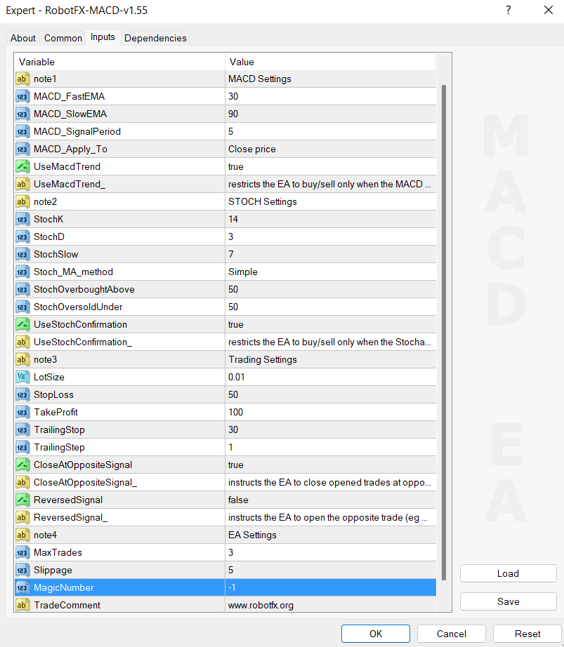 MACD EA settings panel MetaTrader