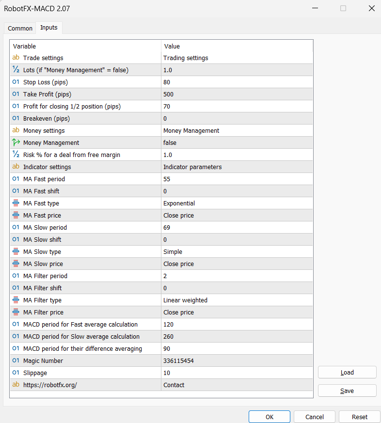 A screenshot of the MACD MT5 Expert Advisor settings window