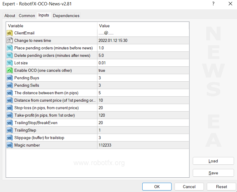 News Expert Advisor settings MT4